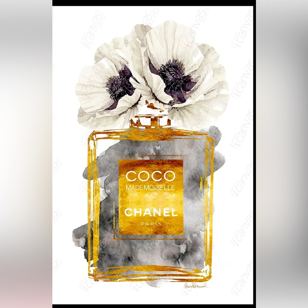 Perfume Bottle, Dark Gold With Dark Grey & White Poppy - Canvas Print
